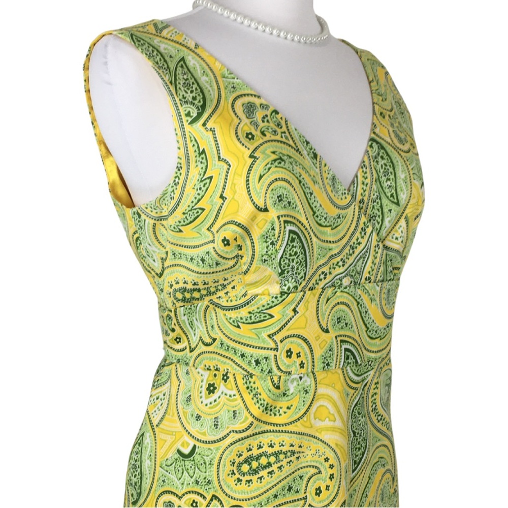 Spense Paisley Yellow and Green Cotton Surplice V-Neck Sleeveless Midi Dress 12 - Picture 5 of 16